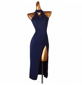 Women young girls navy black floral latin dance dresses side slit long length halter neck salsa rumba chacha performance costumes